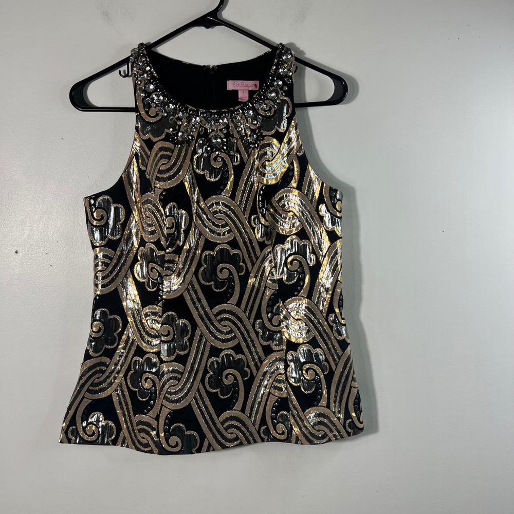 Lilly Pulitzerβ Tropic Top Black Metallic Vintage Brocade Jeweled Neckline 4